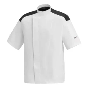 Chaqueta cocina unisex Egochef First MM, blanca con hombros negros, manga corta.