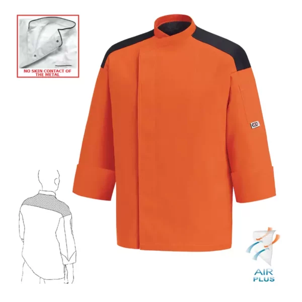 Chaqueta cocina unisex Egochef First, color naranja con detalles en negro, manga larga, bolsillo en pecho.