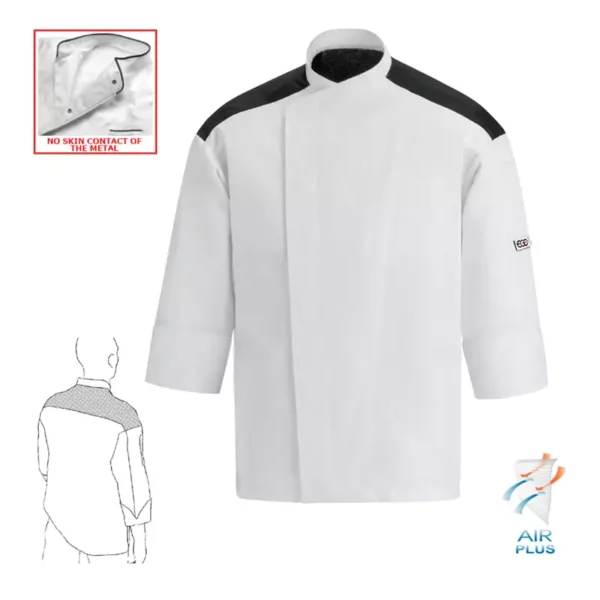 Chaqueta cocina unisex Egochef First, color blanco con detalles en negro, manga larga, bolsillo en pecho.