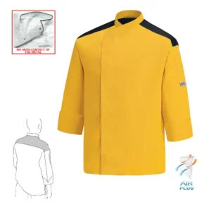 Chaqueta cocina unisex Egochef First, color amarillo con detalles en negro, manga larga, bolsillo en pecho.