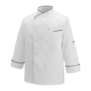 Chaqueta cocina unisex Egochef Gerard Piping Black, blanca con ribetes negros, manga larga.