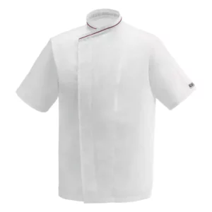 Chaqueta cocina unisex Egochef Jack, blanca con ribete burdeos, manga corta.