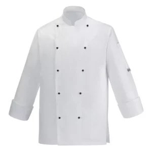 Chaqueta cocina unisex Egochef Klima, color blanco, manga larga, con botones negros.