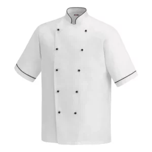 Chaqueta cocina unisex Egochef Lino, blanca, manga corta, con ribetes negros y botones negros.