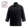 Chaqueta cocina unisex Egochef Lux, negra con detalles a rayas, manga larga, bolsillo en manga.