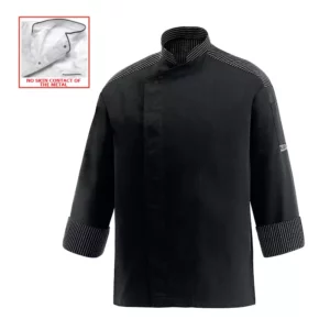 Chaqueta cocina unisex Egochef Lux, negra con detalles a rayas, manga larga, bolsillo en manga.