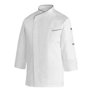 Chaqueta cocina unisex Egochef Max Safe, blanca, manga larga, con ribete negro.