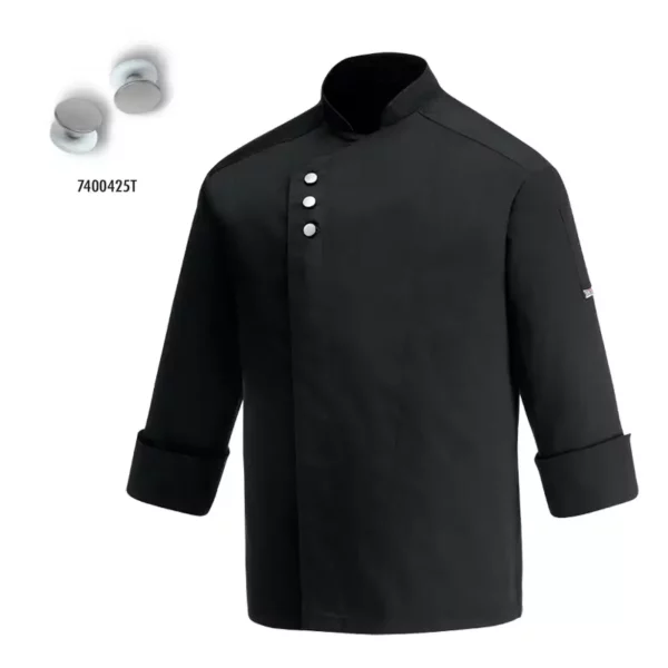 Chaqueta cocina unisex Egochef Metal negra, manga larga, botones metálicos decorativos.