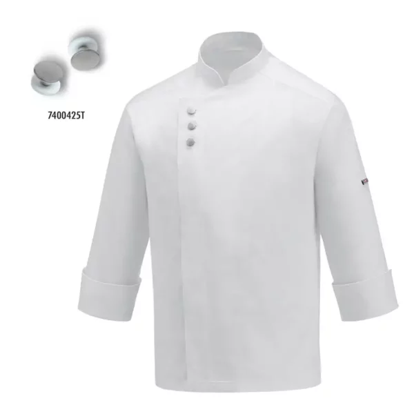 Chaqueta cocina unisex Egochef Metal blanca, manga larga, botones metálicos decorativos.