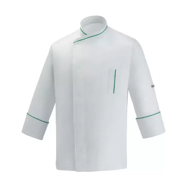 Chaqueta cocina unisex Egochef Microtec ML White, blanca, manga larga, con ribetes verdes.