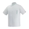 Chaqueta cocina unisex Egochef Microtec MM White, blanca, manga corta, con ribetes verdes.