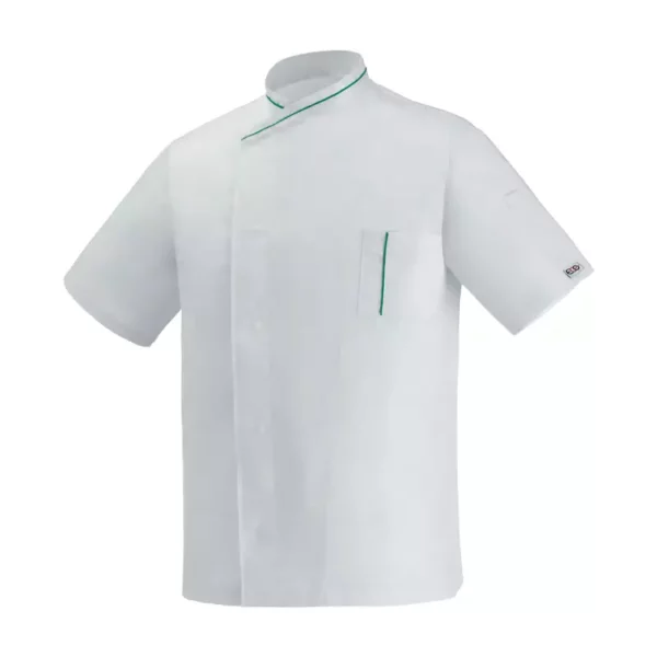 Chaqueta cocina unisex Egochef Microtec MM White, blanca, manga corta, con ribetes verdes.