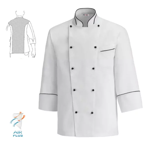 Chaqueta cocina unisex Egochef Nanotech, blanca, manga larga, ribete negro.