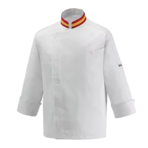 Chaqueta cocina unisex Egochef Nations, blanca con detalles de la bandera española en el cuello, manga larga, bolsillo en pecho.