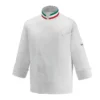 Chaqueta cocina unisex Egochef Nations, blanca con detalles de la bandera italiana en el cuello, manga larga, bolsillo en pecho.