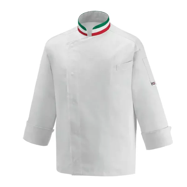 Chaqueta cocina unisex Egochef Nations, blanca con detalles de la bandera italiana en el cuello, manga larga, bolsillo en pecho.