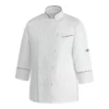 Chaqueta cocina unisex Egochef New Fresh & Dry, blanca con ribete burdeos, manga larga.