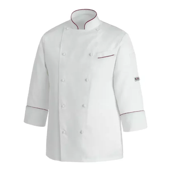 Chaqueta cocina unisex Egochef New Fresh & Dry, blanca con ribete burdeos, manga larga.