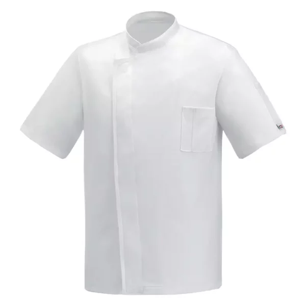 Chaqueta cocina unisex Egochef Pizzaiolo, blanca, manga corta, bolsillo en pecho.