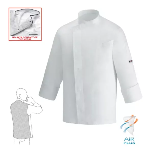 Chaqueta cocina unisex Egochef Poirot, color blanco, manga larga, bolsillo en pecho.