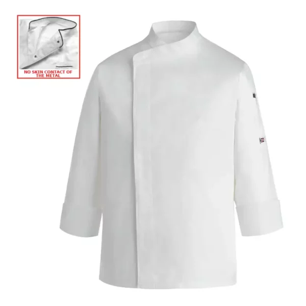 Chaqueta cocina unisex Egochef Prestige, blanca, manga larga, bolsillo en pecho.