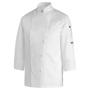 Chaqueta cocina unisex Egochef Royale, blanca, manga larga, con cuello mao y abotonadura doble.