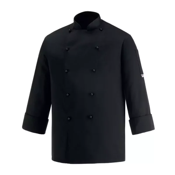 Chaqueta cocina unisex Egochef Safety ML, negra, manga larga, bolsillo en manga.