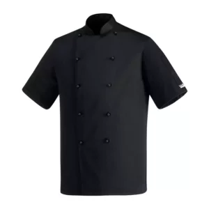 Chaqueta cocina unisex Egochef Safety MM, negra, manga corta, bolsillo en manga.