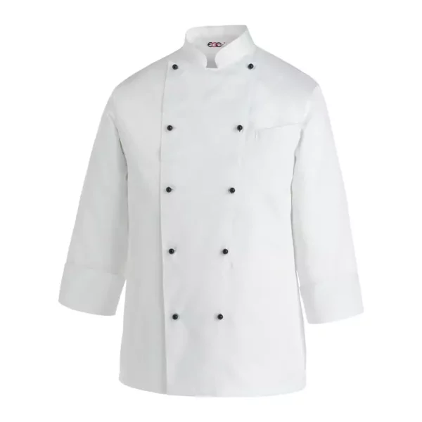 Chaqueta cocina unisex Egochef Top, blanca, manga larga, con botones negros.