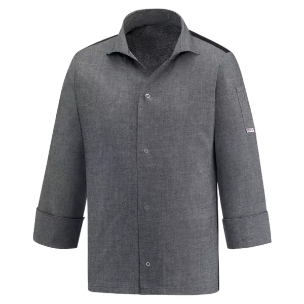 Chaqueta cocina unisex Egochef VIP, color gris vigoré, manga larga, bolsillo en manga, cuello abierto.