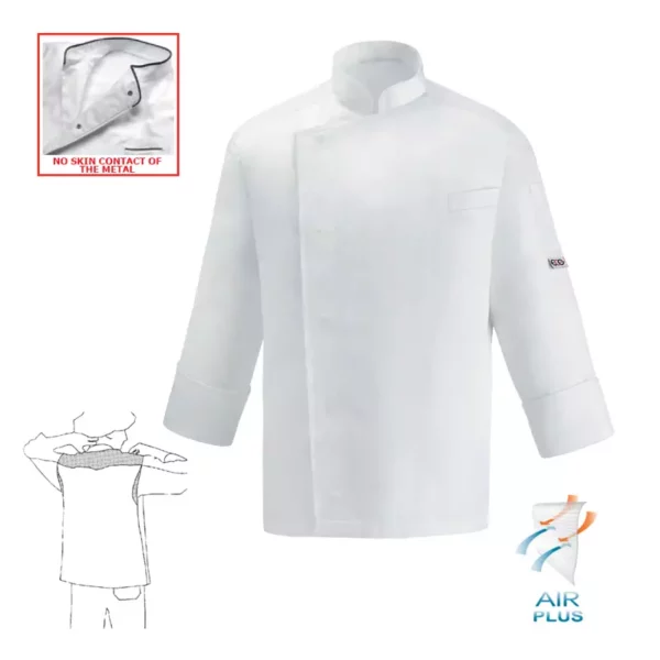 Chaqueta cocina unisex Egochef VIP, color blanco, manga larga, bolsillo en manga, cuello abierto.