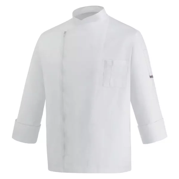 Chaqueta cocina unisex Egochef Zip White, blanca, manga larga, con cierre de cremallera.