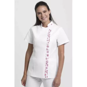 Chaqueta sanitaria para mujer Creyconfe Básicos Girona en color blanco con detalles mandalas.