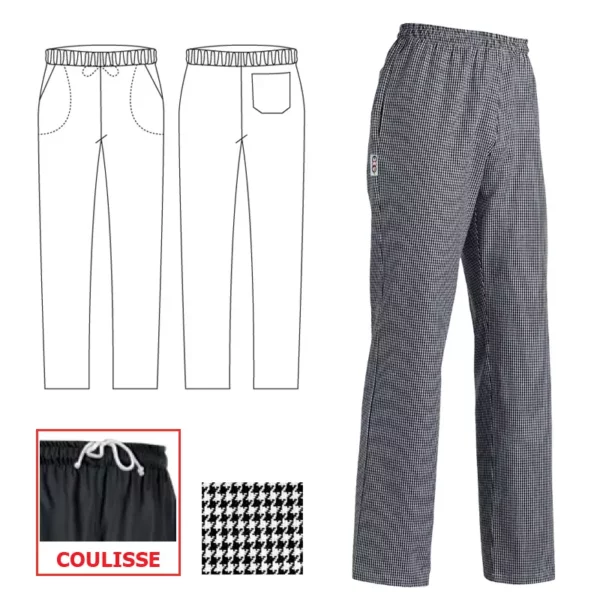 Pantalón cocina unisex Egochef Big Pant, de cuadros negros, cintura elástica.