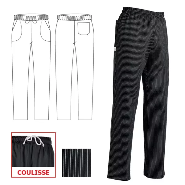 Pantalón cocina unisex Egochef Big Pant, color negro con rayas blancas, cintura elástica.