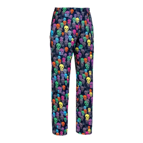 Pantalón cocina unisex Egochef Coulisse, cintura elástica con cordón ajustable, estampado con motivos de calaveras de colores