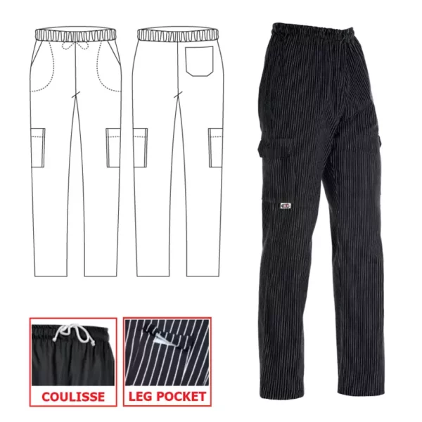 Imagen y características del pantalón cocina unisex Egochef Coulisse Leg Pocket, rayas Sir, cintura elástica.