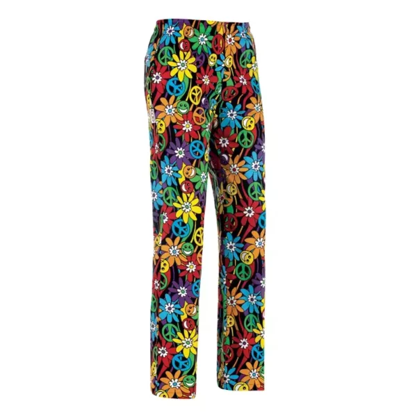 Pantalón cocina unisex Egochef Coulisse, cintura elástica con cordón ajustable, estampado con flores y símbolos de la paz