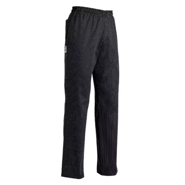 Pantalón cocina unisex Egochef Coulisse, cintura elástica con cordón ajustable, de color negro y rayas blancas