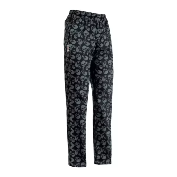 Pantalón cocina unisex Egochef Coulisse, cintura elástica con cordón ajustable, con calaveras grises sobre fondo negro