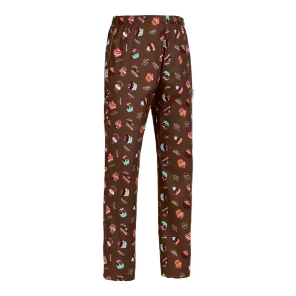 Pantalón cocina unisex Egochef Coulisse, cintura elástica con cordón ajustable, estampado con dibujos de dulces.