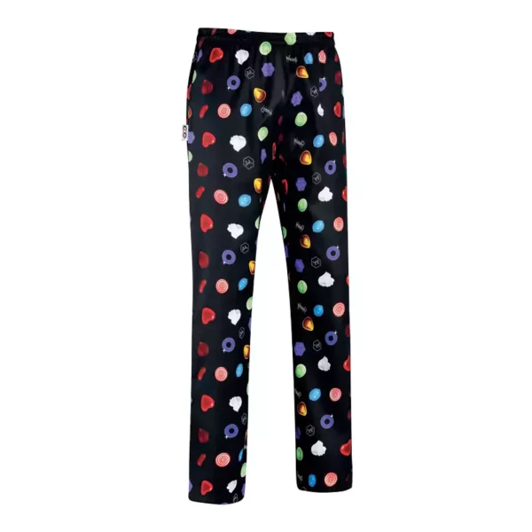 Pantalón cocina unisex Egochef Coulisse, cintura elástica con cordón ajustable, estampado con dibujos de bombones.