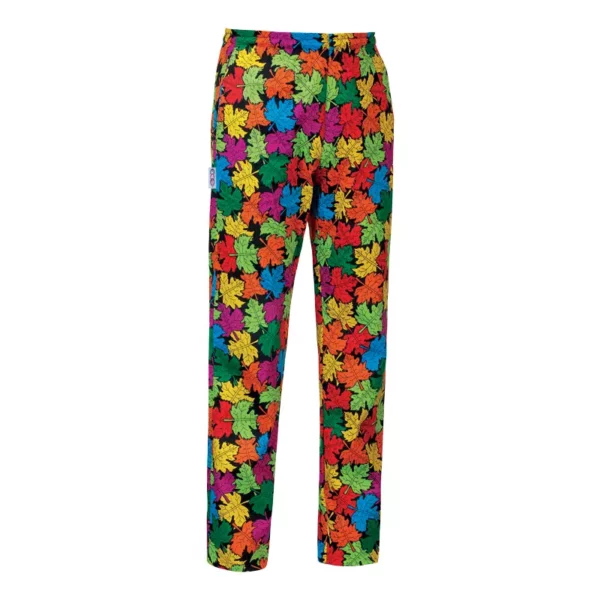 Pantalón cocina unisex Egochef Coulisse, cintura elástica con cordón ajustable, estampado con hojas de colores.