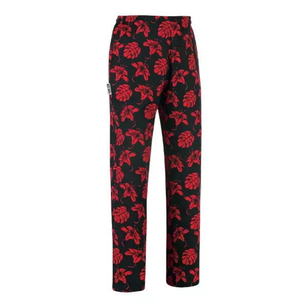 Pantalón cocina unisex Egochef Coulisse, cintura elástica con cordón ajustable, estampado con hibiscos.