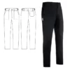 Imagen y esquema del pantalón cocinero unisex Egochef Slim Fit, negro, corte ajustado, bolsillos delanteros y traseros.