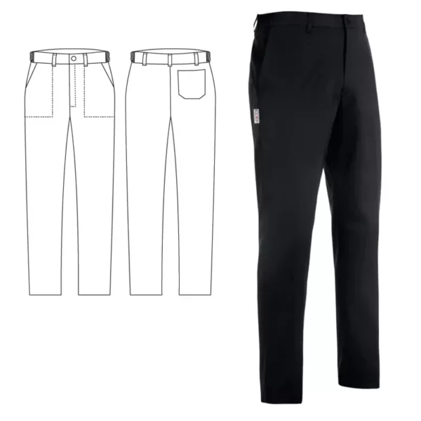 Imagen y esquema del pantalón cocinero unisex Egochef Slim Fit, negro, corte ajustado, bolsillos delanteros y traseros.