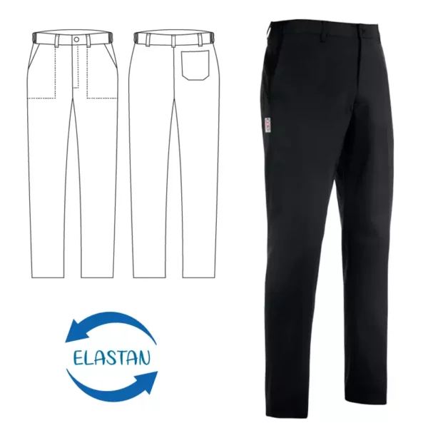 Imagen y esquema del pantalón cocinero unisex Egochef Slim Fit, con elastano, negro, corte ajustado, bolsillos delanteros y traseros.