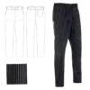 Imagen y esquema del pantalón cocinero unisex Egochef Slim Fit, negro con rayas blancas, corte ajustado, bolsillos delanteros y traseros.