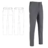 Imagen y esquema del pantalón cocinero unisex Egochef Slim Fit, gris vigoré, corte ajustado, bolsillos delanteros y traseros.