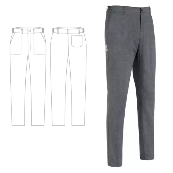 Imagen y esquema del pantalón cocinero unisex Egochef Slim Fit, gris vigoré, corte ajustado, bolsillos delanteros y traseros.